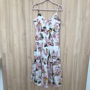 Lazybones Cityscape Midi Dress Size M White Pink Cottage Coastal Euro Summer